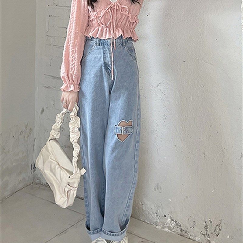特大码女装微胖女生爱心破洞牛仔裤子女胖MM腿粗胯宽百搭直筒裤子,女装/女士精品,大码裤装,淘宝优惠券,粉丝福利购,淘宝优惠卷