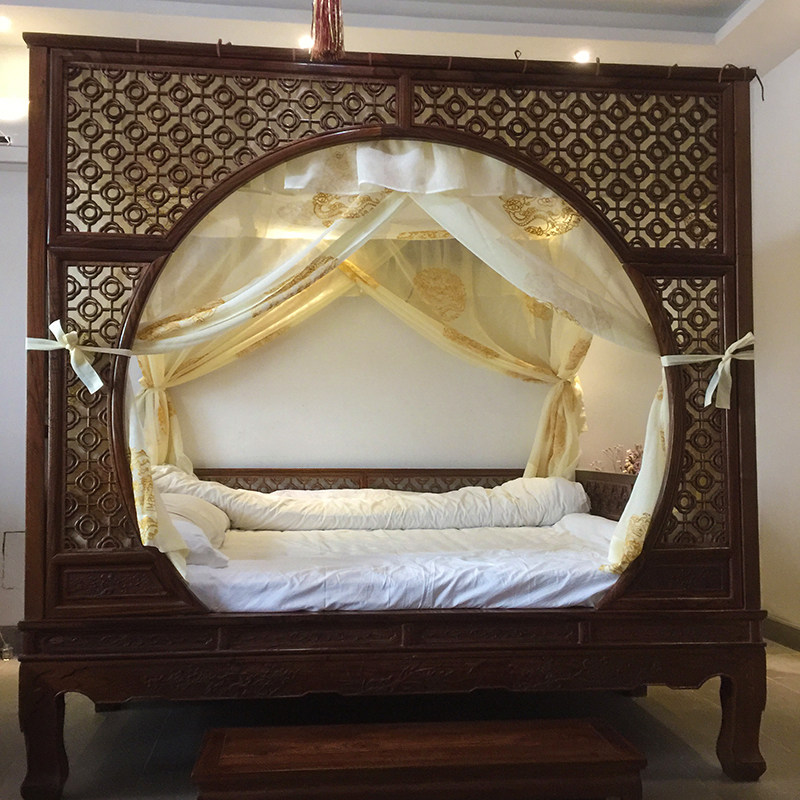 博帏中式仿明清古典风格双月洞架c子床浅黄龙纹整体绣花蚊帐床幔