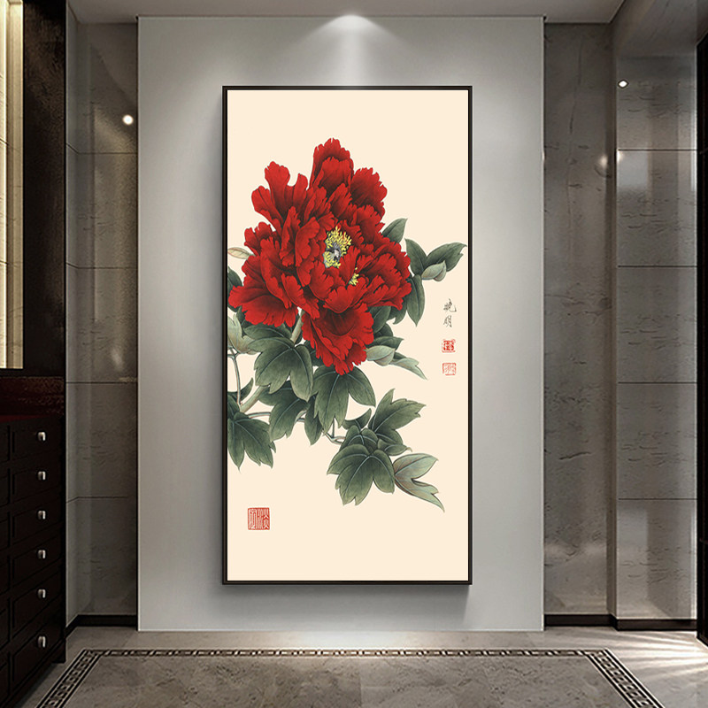 新中式入户牡丹花装饰画牡丹挂画玄关竖版客厅背景墙花开富贵壁画