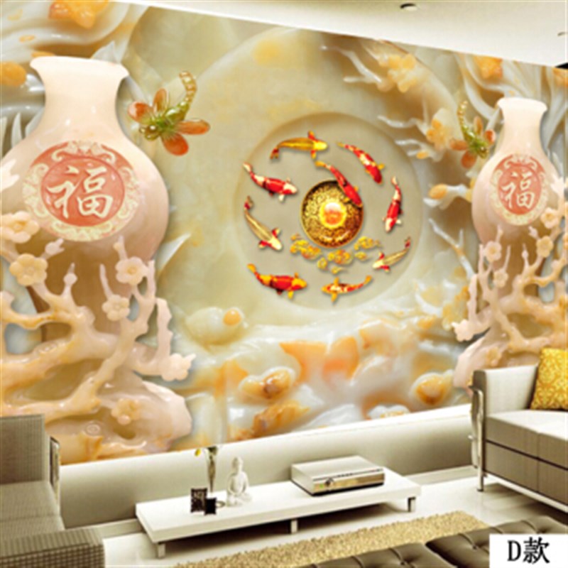 5D8D立体玉雕中式墙布墙纸壁画卧室F客厅沙发电视背景墙壁纸福满