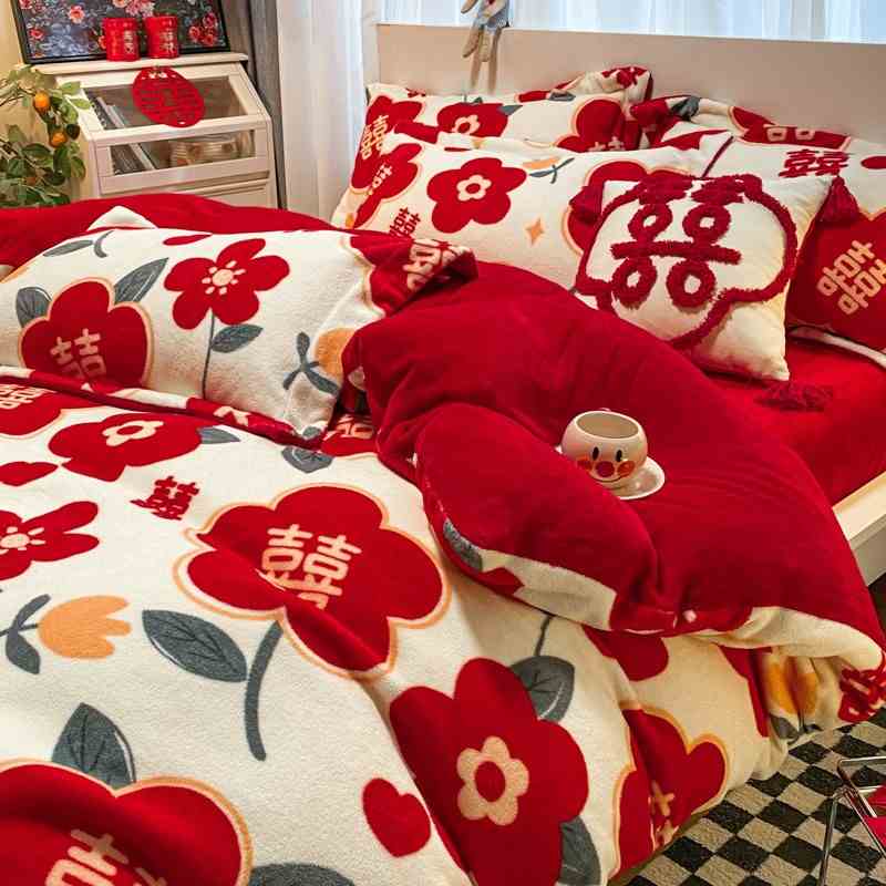 速发冬季小红花婚庆牛奶绒四件套双面珊瑚绒结婚大红色婚房新婚床
