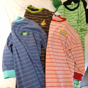 加薄绒~糖果色卡通条纹加长款睡裙加厚宽松大码加绒睡衣女秋冬季