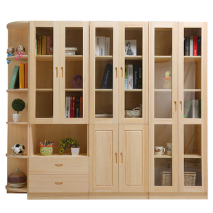 实木中式 书柜儿童书柜自s由组合松木玻璃门书橱带抽屉储物收纳柜