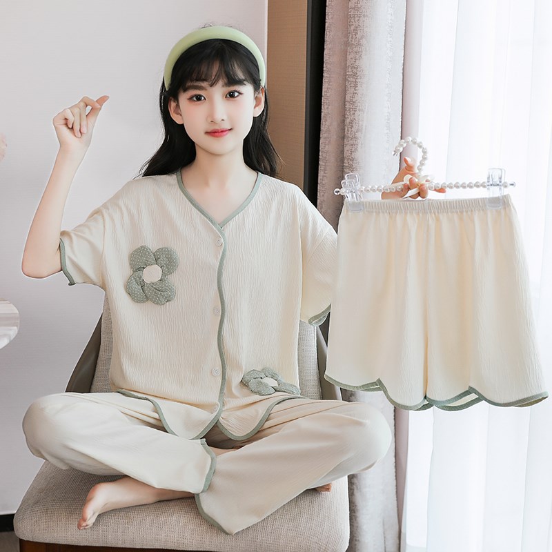 新品初中生睡衣女孩春秋季纯棉三件套短袖长裤洋气女大童夏款儿童