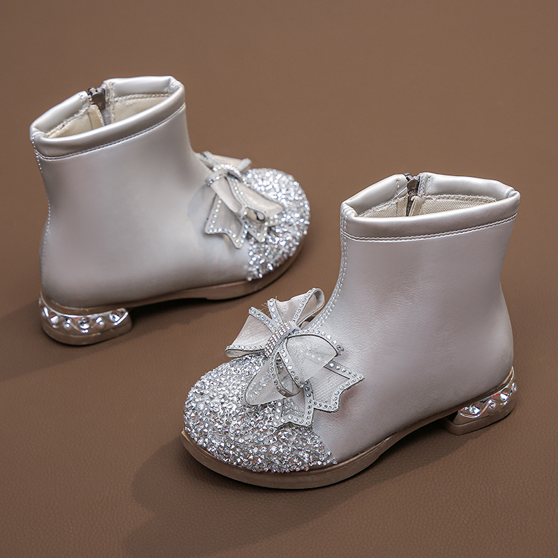 女童靴子冬季2023新款韩版儿童B单鞋高跟公主鞋加绒小女孩水晶短