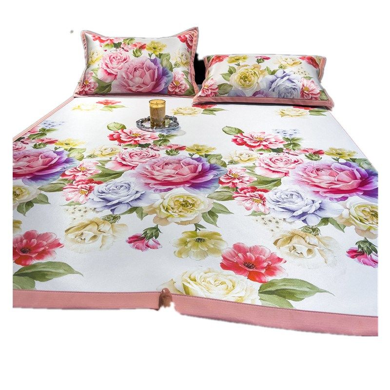 中式花卉夏季冰丝凉席三件套可水洗折叠冰藤席夏天单双人空调席子,床上用品,冰丝席,淘宝优惠券,粉丝福利购,淘宝优惠卷