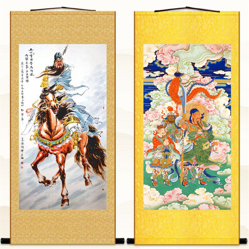 关圣帝君图 关公骑马关羽画像 中式复古卷轴挂画丝绸画可定制订做