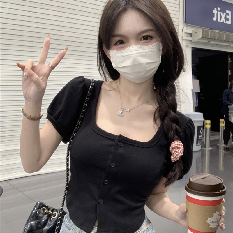 现货韩版方领泡泡短袖T恤女春季2023新款甜美百搭修X身短款不规则