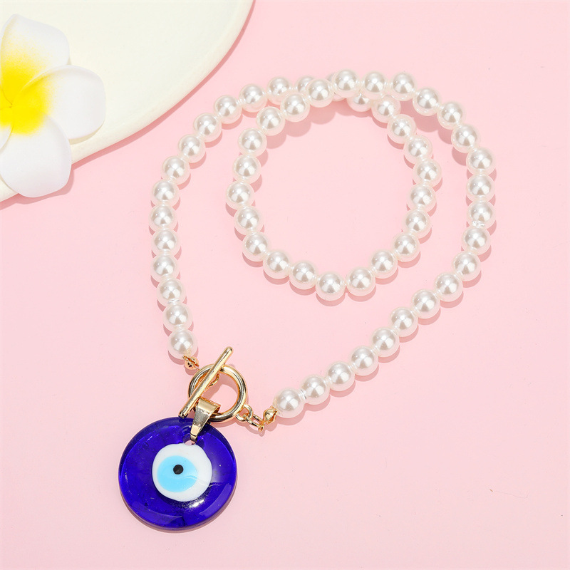 新品Glass Fake Pearl Evil Eye Necklace For Women Gift Fashio