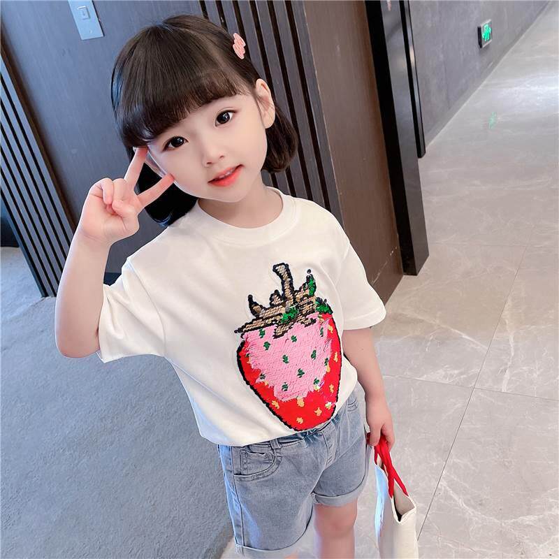 儿童夏装草莓亮片T恤短袖2023新款洋派H女童炫彩珠片休闲夏;.&r;