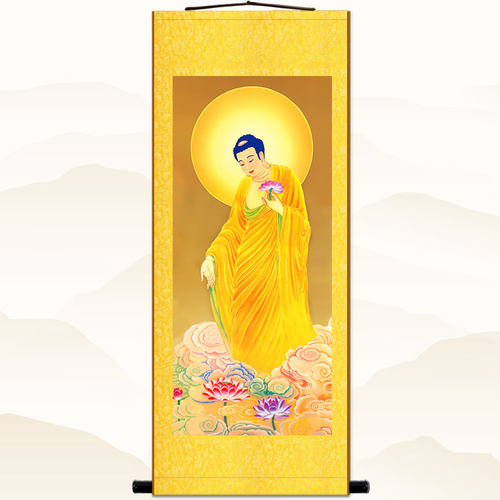 高清阿弥陀佛接引佛图挂画 佛堂中式装饰画 绢布材质卷轴挂画定制