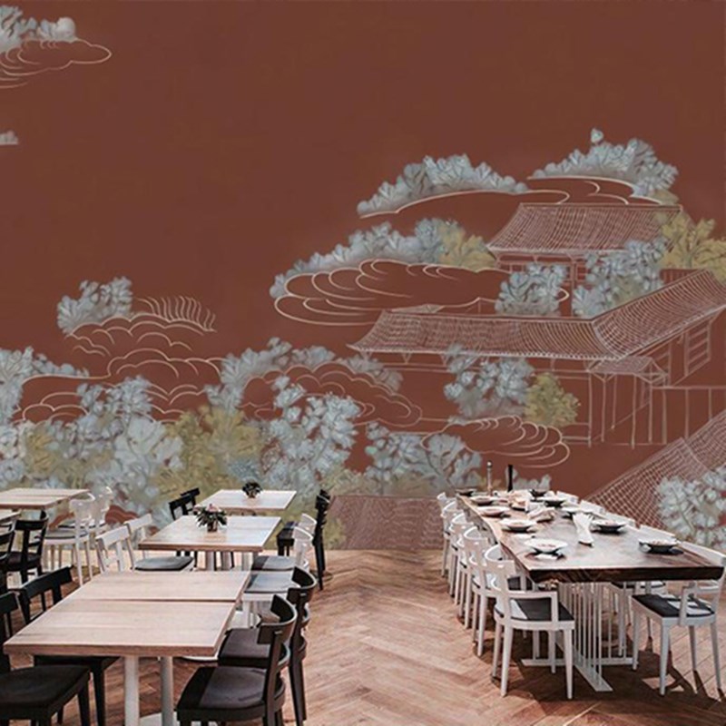 中式墙纸红色复古中国风包间背景墙壁画大气立体线描宫廷宫殿壁纸