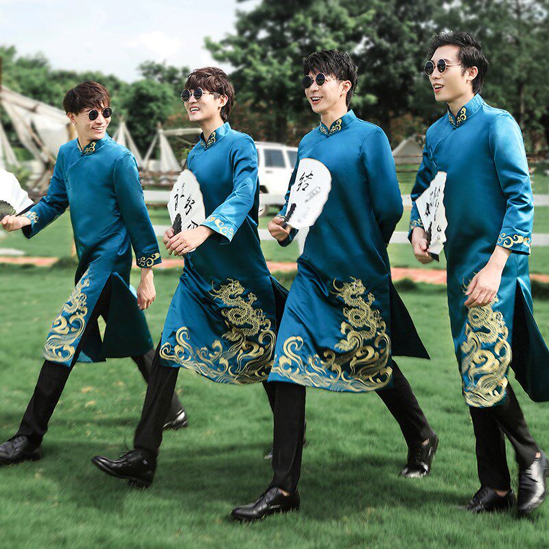 伴郎服搞笑中式兄弟团装接亲结婚礼d服男士中国风蓝色长袍相声大