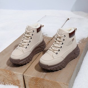 马丁靴2024年冬季新款加绒运动棉鞋高帮女鞋真皮松糕底防滑雪地靴