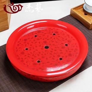 陶瓷茶盘圆形双层储水茶座功夫茶台 海托盘茶青花瓷茶具茶茶盘船