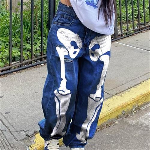 小众高货Skull Print Pants for Women High Waist Straight Leg