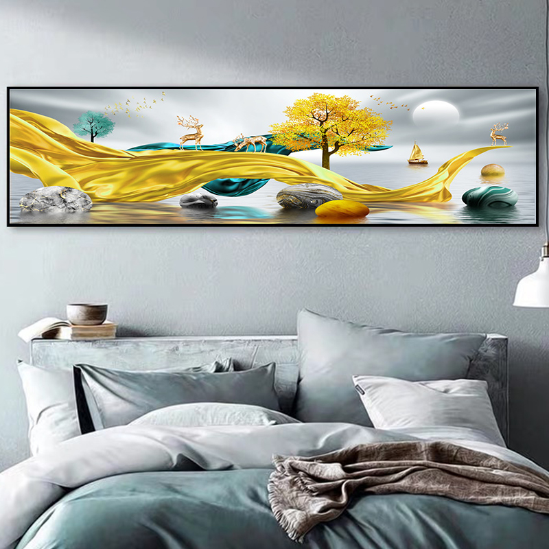 时来运转发财树卧室装饰画床头挂画客厅石来运转沙发新中式背景墙图片