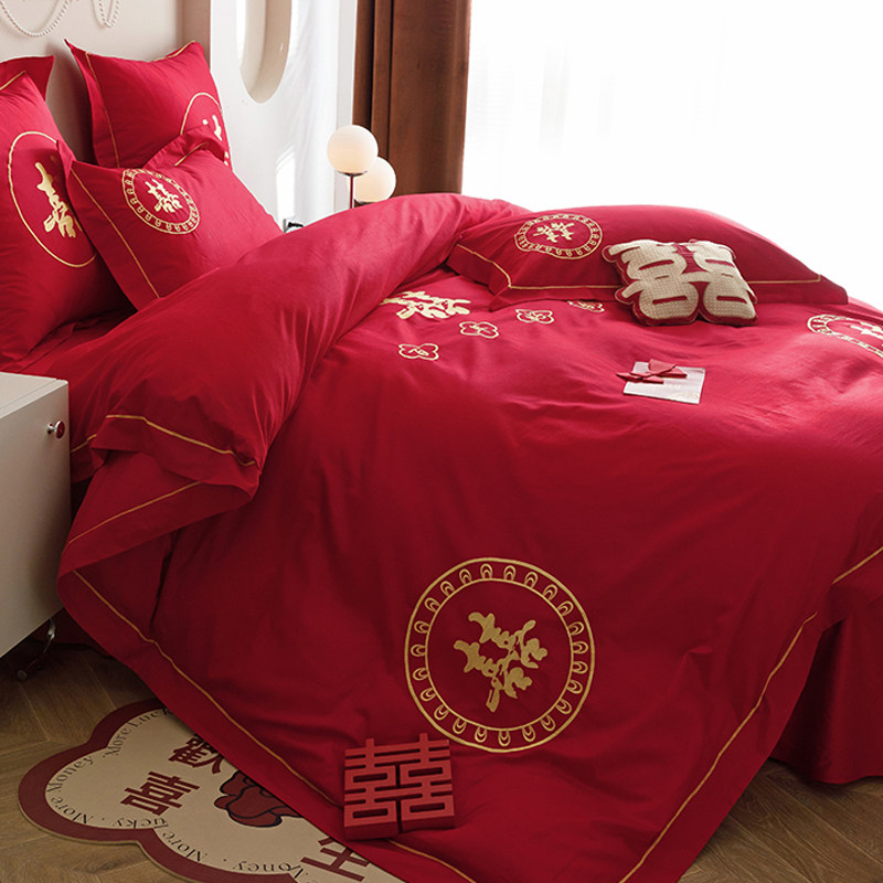 高档中式全棉床裙款婚庆四件套红色纯棉J结婚陪嫁喜被婚房床上用,床上用品,婚庆床品套件,淘宝优惠券,粉丝福利购,淘宝优惠卷