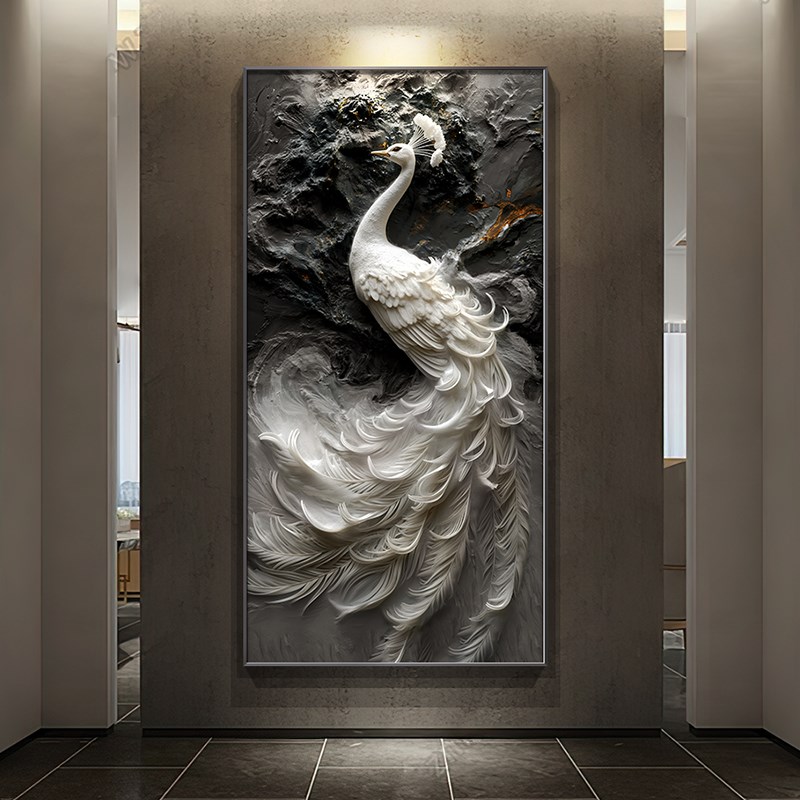 高级感浮雕立体h肌理画孔雀挂画入户进门玄关装饰画走廊过道墙壁图片