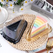 一次性三角形蛋糕盒千层盒黑色金色A大小号6寸 8寸吸塑盒子50个装