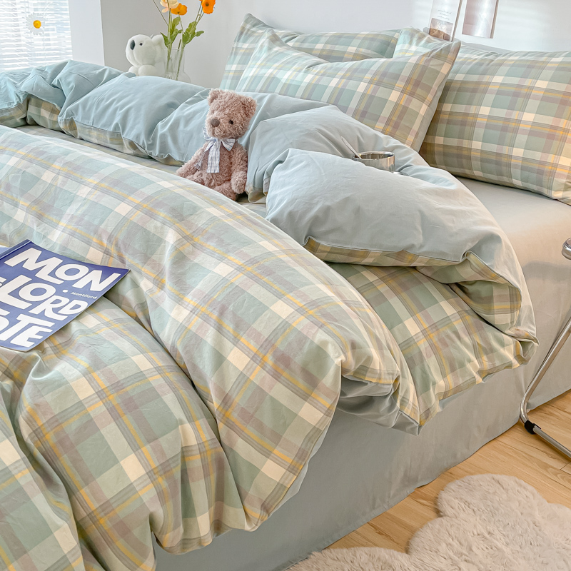灰色被罩男生床单被套床上用品三件学生宿舍非棉格子四件套
