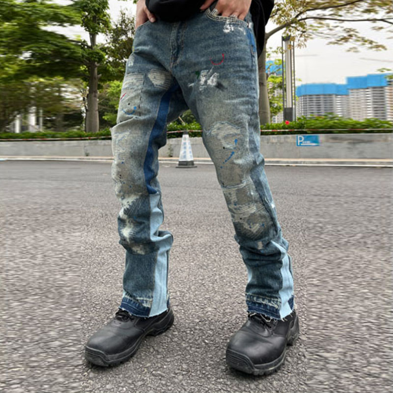 速发High Street Retro Ink Splash Patchwork Ripped Jeans Flar