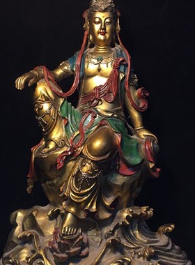 藏传铜胎彩绘描金自在观音菩萨度母佛像摆件堂用饰品收藏杂项