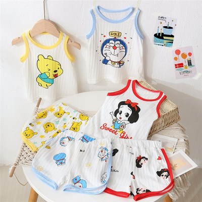 儿童睡衣夏季薄款纯棉背心套装短袖男童女童家居服中小童宝宝夏装