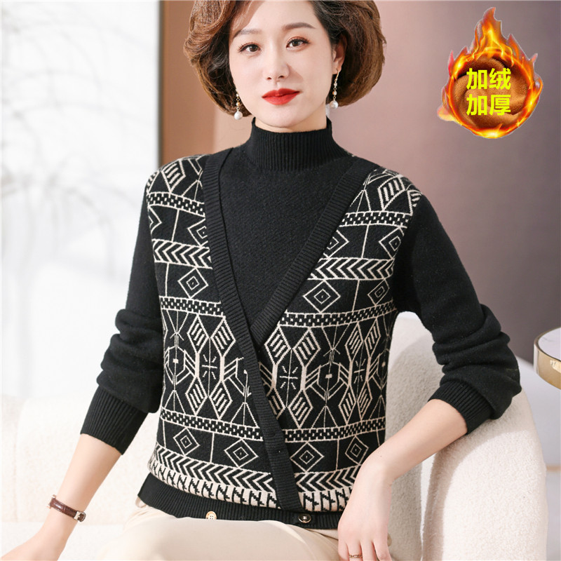 现货时尚妈妈秋冬加绒半高领针织衫中老年女冬款宽松毛衣加厚保暖