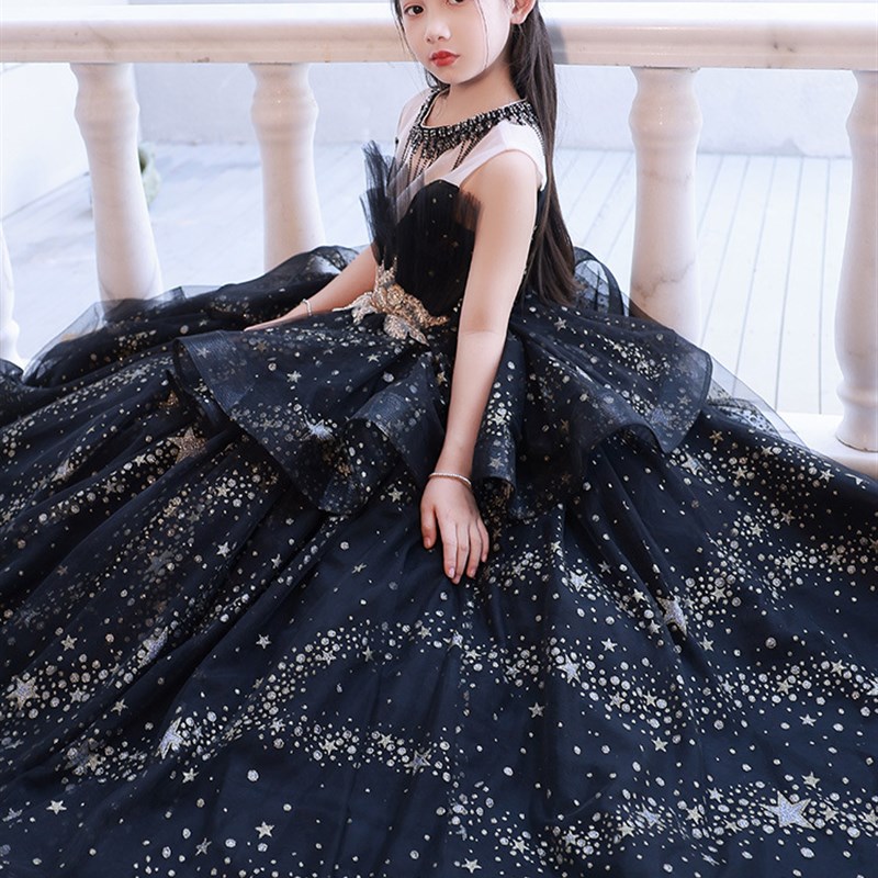 新款儿童高端晚礼服女童黑色公主裙钢琴演出服主持人生日洋气宴会