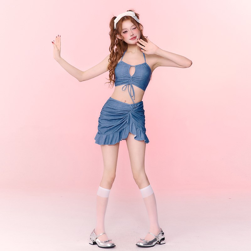 青春少女泳衣女显瘦休闲运动风三件套2024新款海边温泉度假游泳装