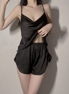 性感睡衣女夏季新款吊带短裤两件套纯欲风M睡衣荡领冰雪丝家居服