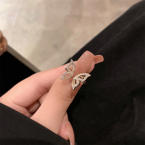 小众高货素圈蝴蝶戒指女设计小众简约冷淡风开口可调节食指戒时尚