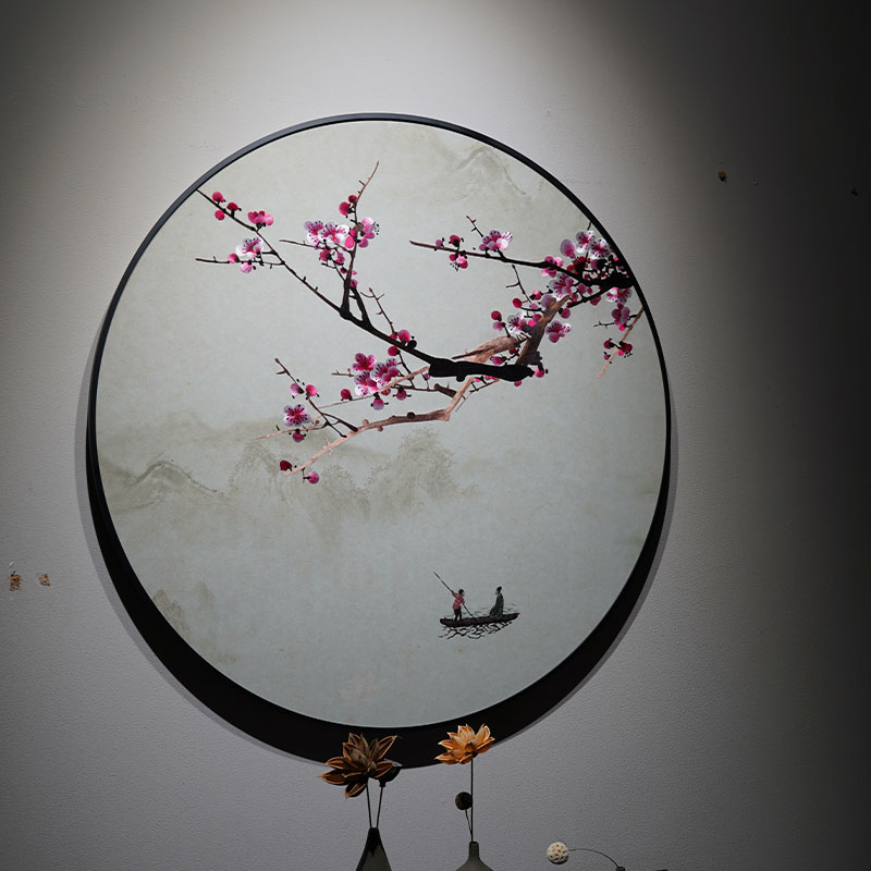 苏绣成品挂画一枝独秀新中式客厅纯手工刺绣画玄关卧室圆形装饰画图片