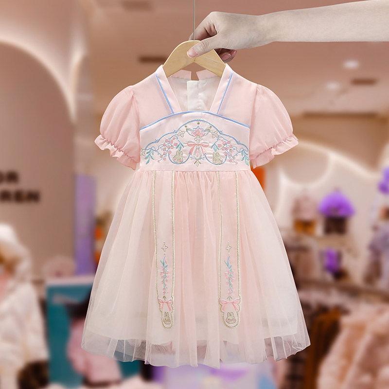 新品女童连衣裙夏季2024新款夏装宝宝中国风P裙子儿童装粉色雪纺