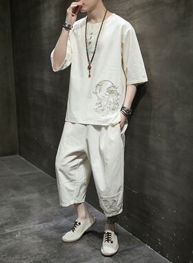 中国风亚麻短袖t恤男套装夏季薄款大码刺绣半袖两件套棉麻体恤衫