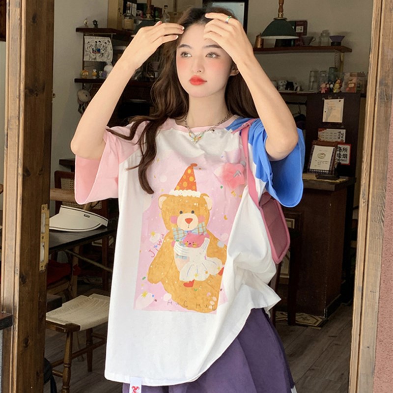 潮牌撞色小熊印花圆领短袖t恤女2023夏季新款宽松休闲中长款上衣