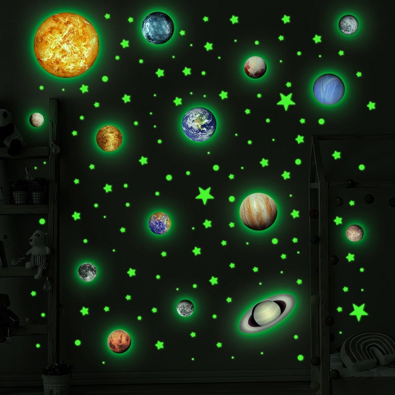 宇宙星球太阳系九大行星星月亮圆点发光荧光贴儿童房自粘夜光墙贴