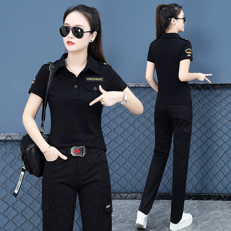 现货迷彩服短袖h女夏季新款修身广场水兵舞纯棉T恤上衣显瘦工装裤