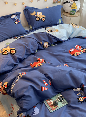 厂家卡通小汽车挖掘机床上用品四件套纯棉全棉P蓝色儿童男孩床单