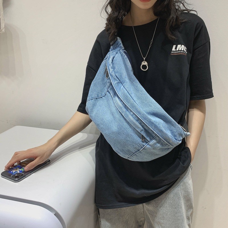 男士斜挎包大容量牛仔斜挎包女文艺范单肩街头机能腰包时尚个性潮