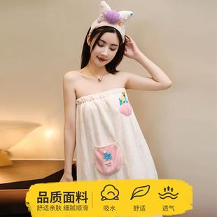 。浴巾干发帽两件套浴袍夏季女款可爱抹J胸式洗澡裹身可穿吸水速