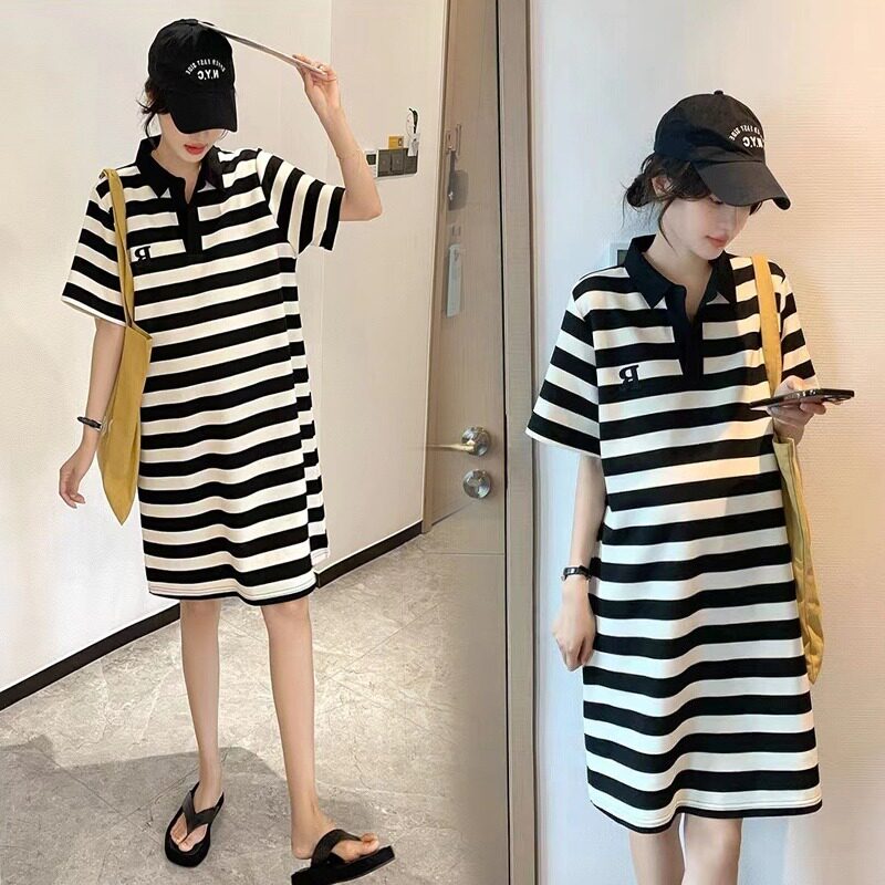 夏装新款韩版孕妇装显瘦中长款条纹连衣裙洋气Polo领T恤潮妈衬衫