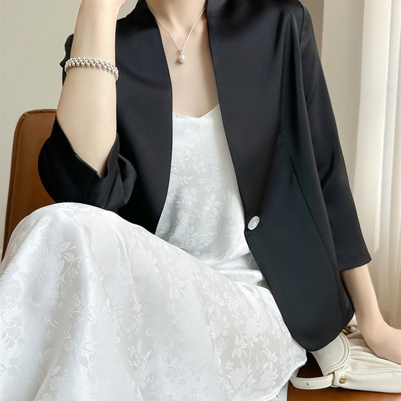 醋酸白色西装外套女高级感休闲薄款春夏季缎面小个子黑色西服套装
