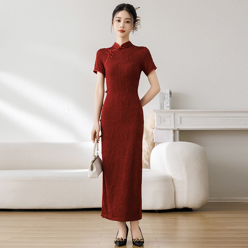 新品新中式红色旗袍少女订婚敬酒服2024年夏P季喜婆婆高端礼服长