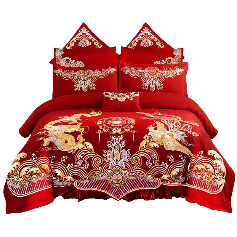 婚庆四件套大红刺绣结婚新婚床品中式龙凤被套床上用品六八十件套,床上用品,婚庆床品套件,淘宝优惠券,粉丝福利购,淘宝优惠卷