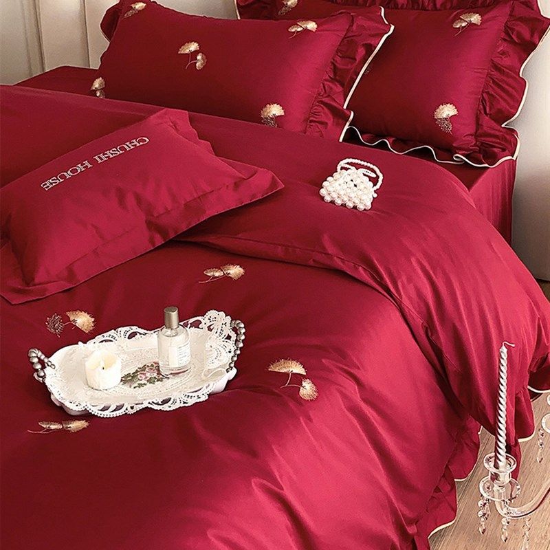 浪漫花边婚e庆四件套全棉100支澳棉红色喜庆被套结婚床上用品,床上用品,婚庆床品套件,淘宝优惠券,粉丝福利购,淘宝优惠卷