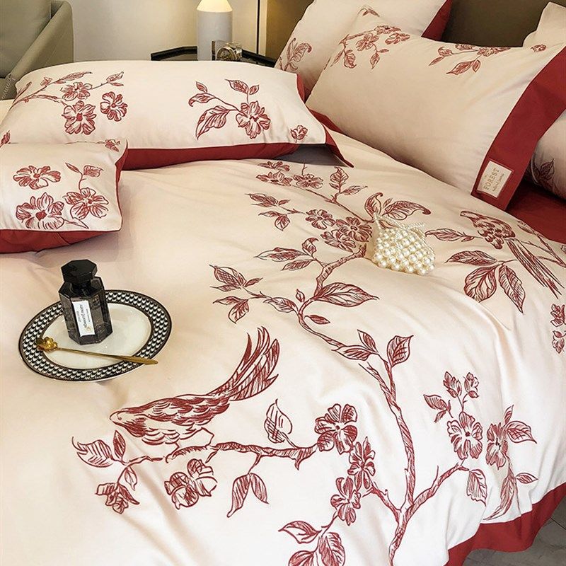 浪漫婚庆100支长绒棉四件套花鸟刺绣全棉被套结婚床上用品,床上用品,婚庆床品套件,淘宝优惠券,粉丝福利购,淘宝优惠卷