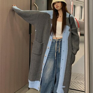 胖妹妹秋冬季新款长款过s膝毛衣外套女大码宽松慵懒风针织开衫风