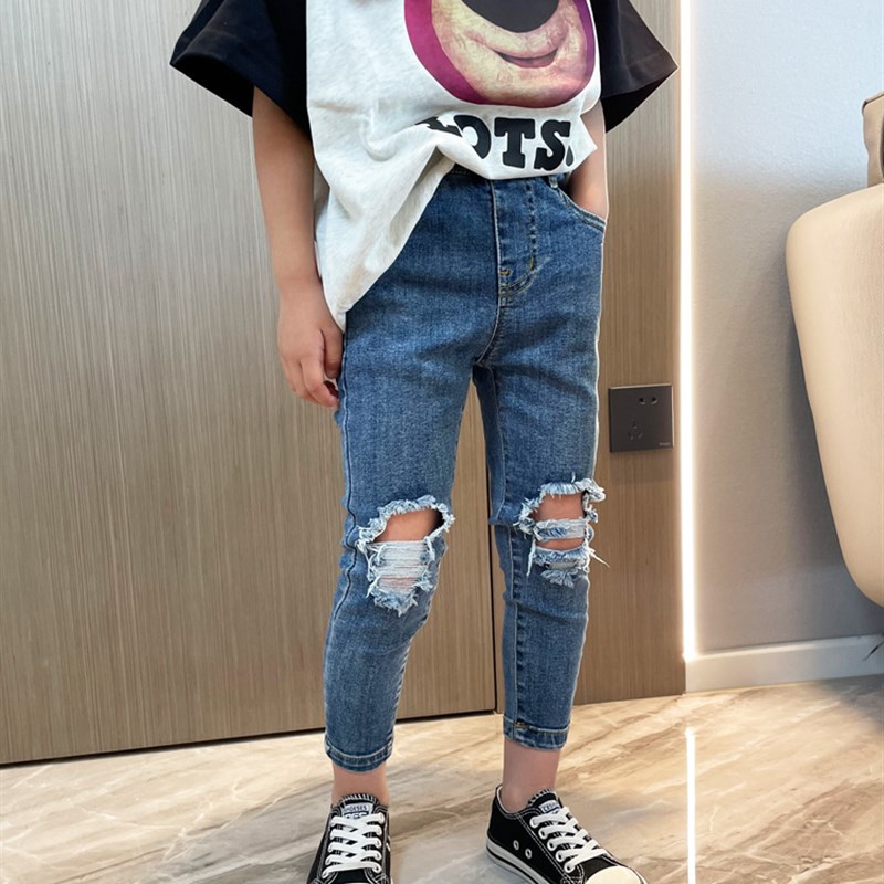 女孩牛仔破洞长裤小脚修身瘦版女童2023春夏街舞铅笔裤儿童长裤潮